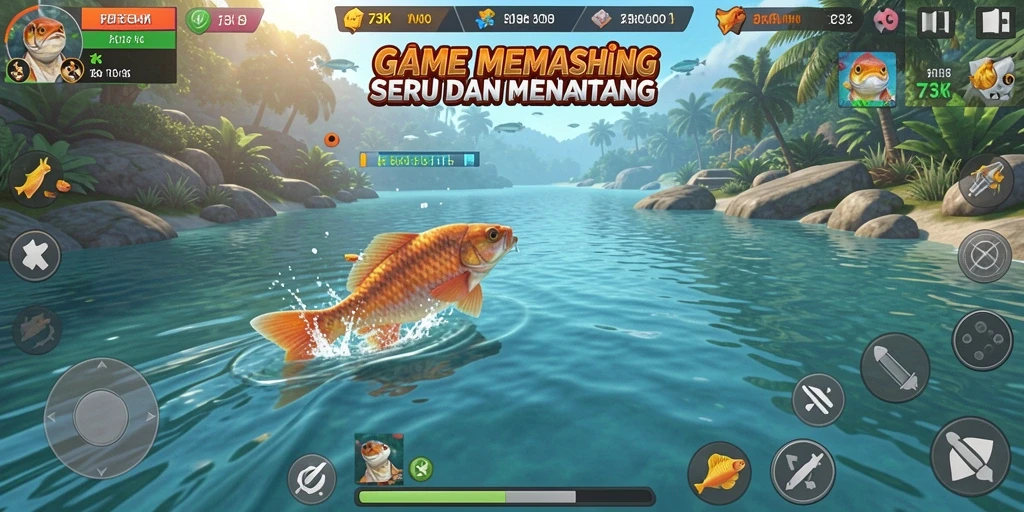 Tampilan gameplay 73K dengan grafis memancing yang menakjubkan.