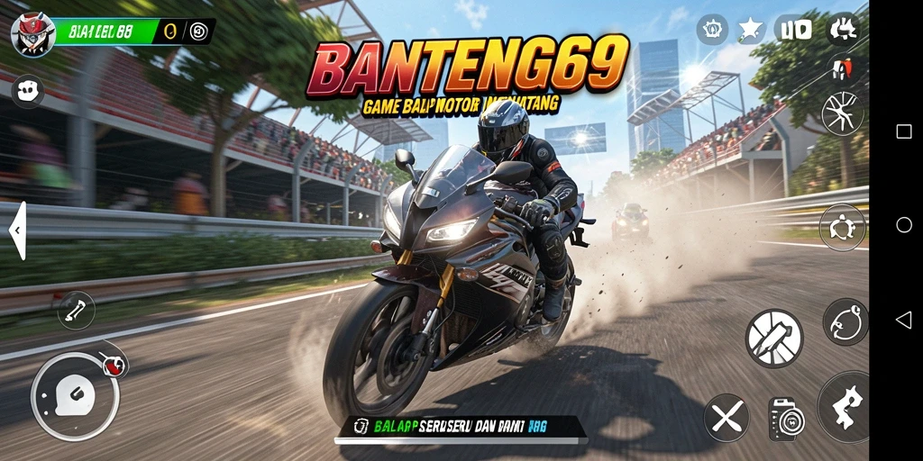 Screenshot BANTENG69 menampilkan aksi balapan motor yang intens.
