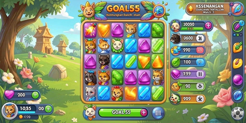 Tampilan gameplay seru dalam game Match-3 GOAL55.