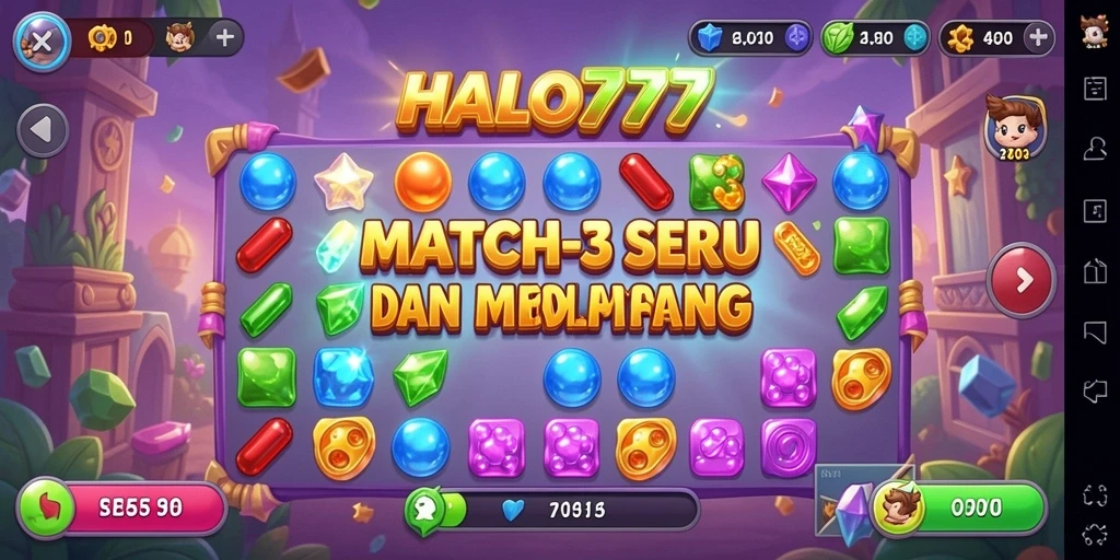 Gameplay seru HALO777 dengan tantangan Match-3 yang menarik.