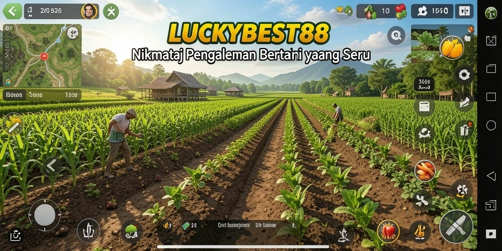 Screenshot gameplay LUCKYBEST88 menampilkan lahan pertanian yang subur dan interaksi dengan pemain lain.