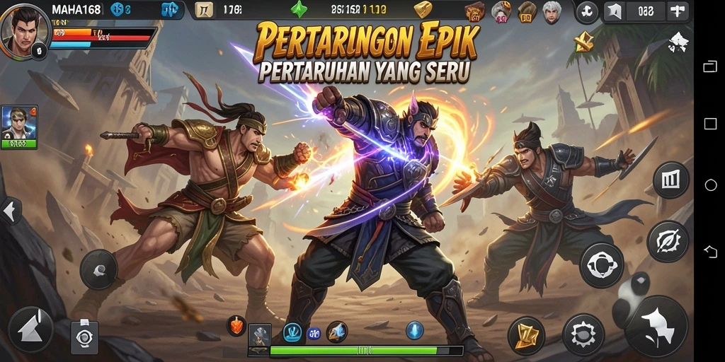 Tangkapan layar game MAHA168 menampilkan aksi pertarungan yang intens.