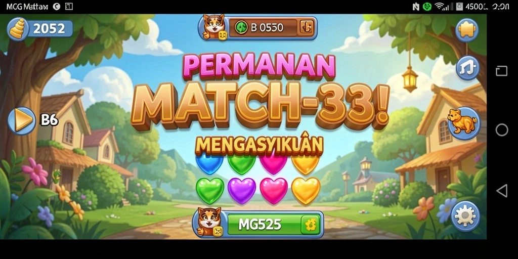 Screenshot gameplay MG525 menampilkan aksi Match-3 yang seru dan menyenangkan.
