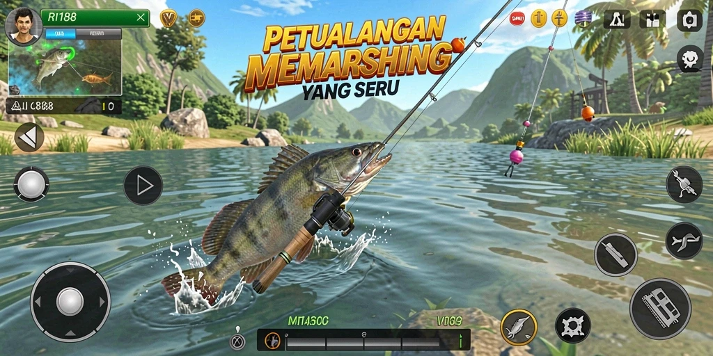 Tampilan gameplay <strong>RI188</strong> dengan aksi memancing seru di laut.