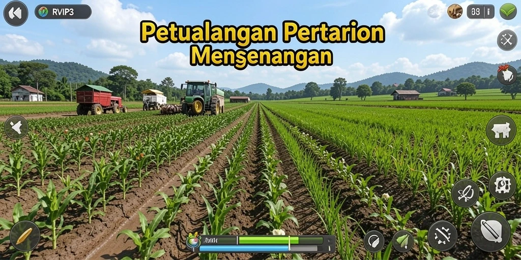 Screenshot gameplay menunjukkan pertanian yang asri dan aktivitas peternakan.