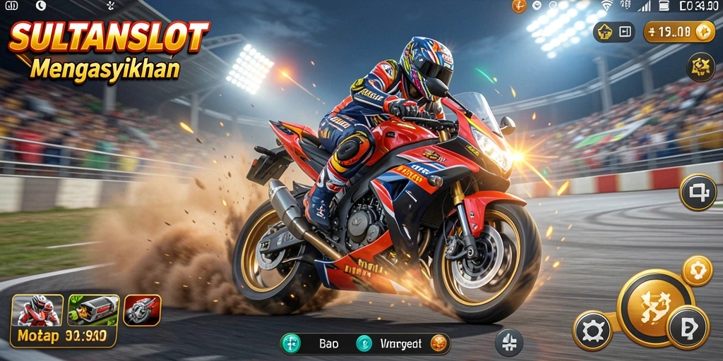 Screenshot utama gameplay SULTANSLOT menampilkan balapan motor penuh aksi.