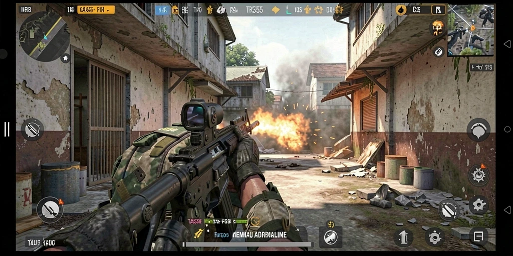 Tampilan menegangkan dari gameplay TAR555 dengan aksi tempur intens.