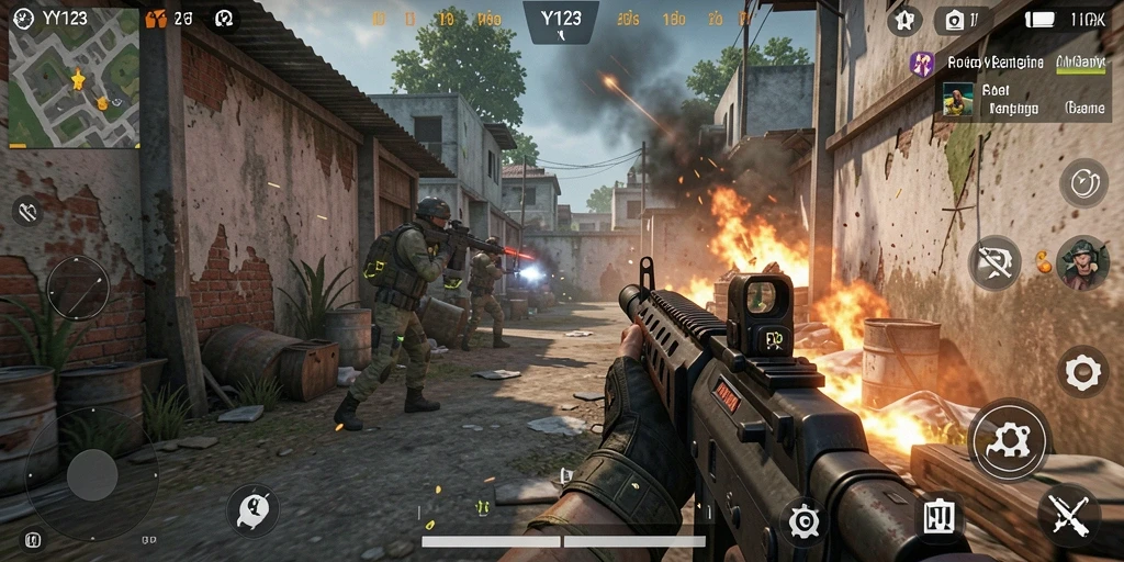 Screenshot utama YY123 menampilkan aksi intens dalam gameplay FPS.
